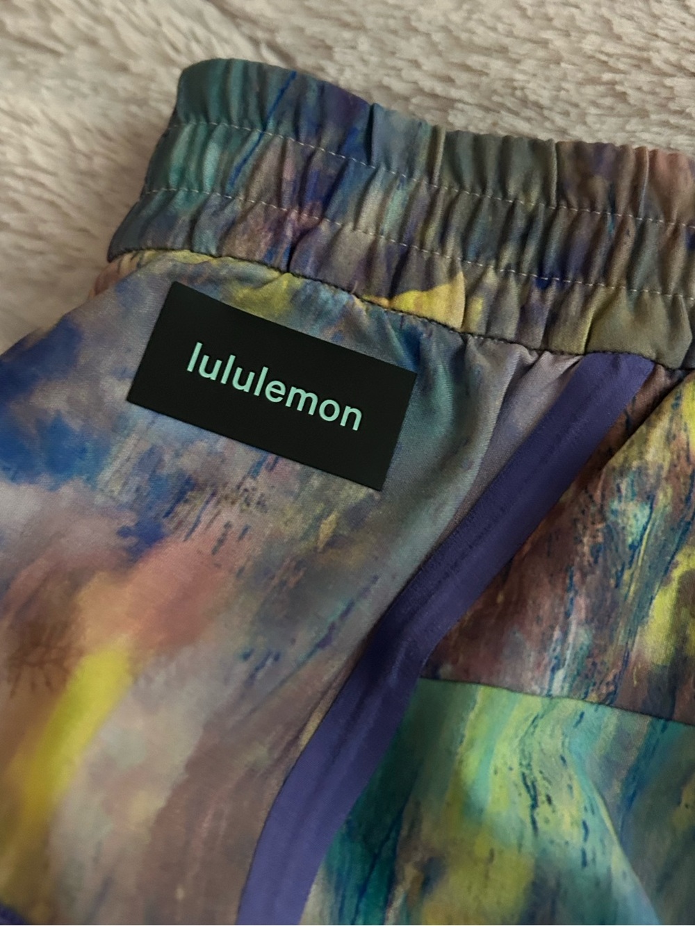 Lululemon Men's Multicolor Abstract Print Shorts with Side Pockets, Size XL
